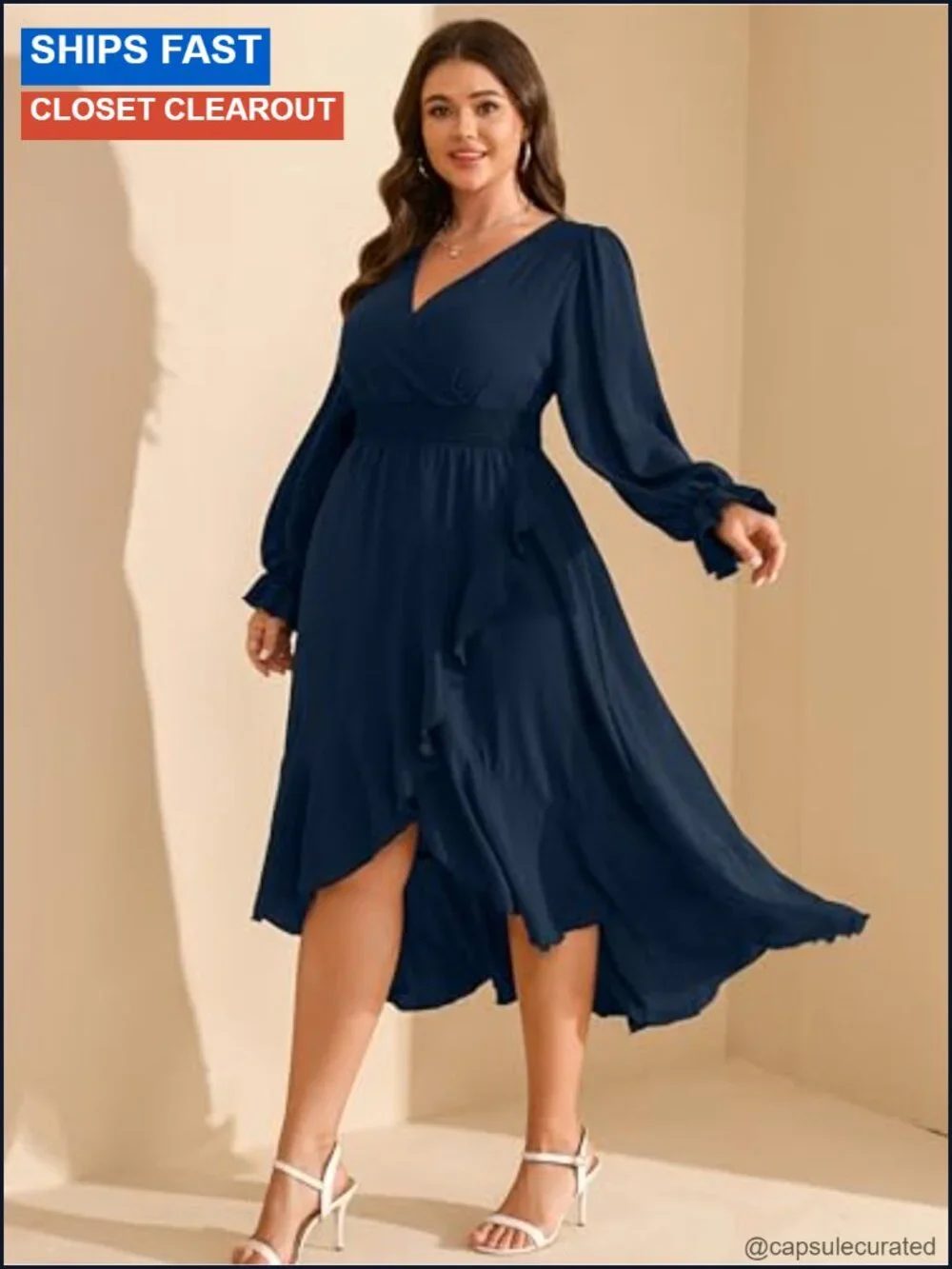 Plus Size Wedding Guest Maxi Dress V Neck High Low Cocktail Long Sleeve